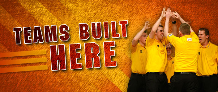 Banner showing league bowler's high-fiving next to the text Teams Built Here.